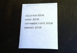 Price list from Kimberly Ovitz sample sale